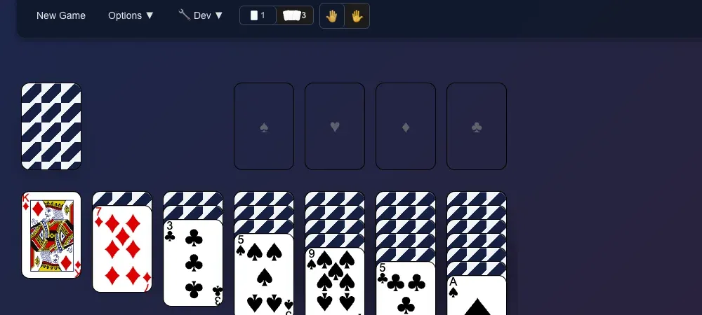 VSolitaire game board showing tableau, foundation, stock and waste piles