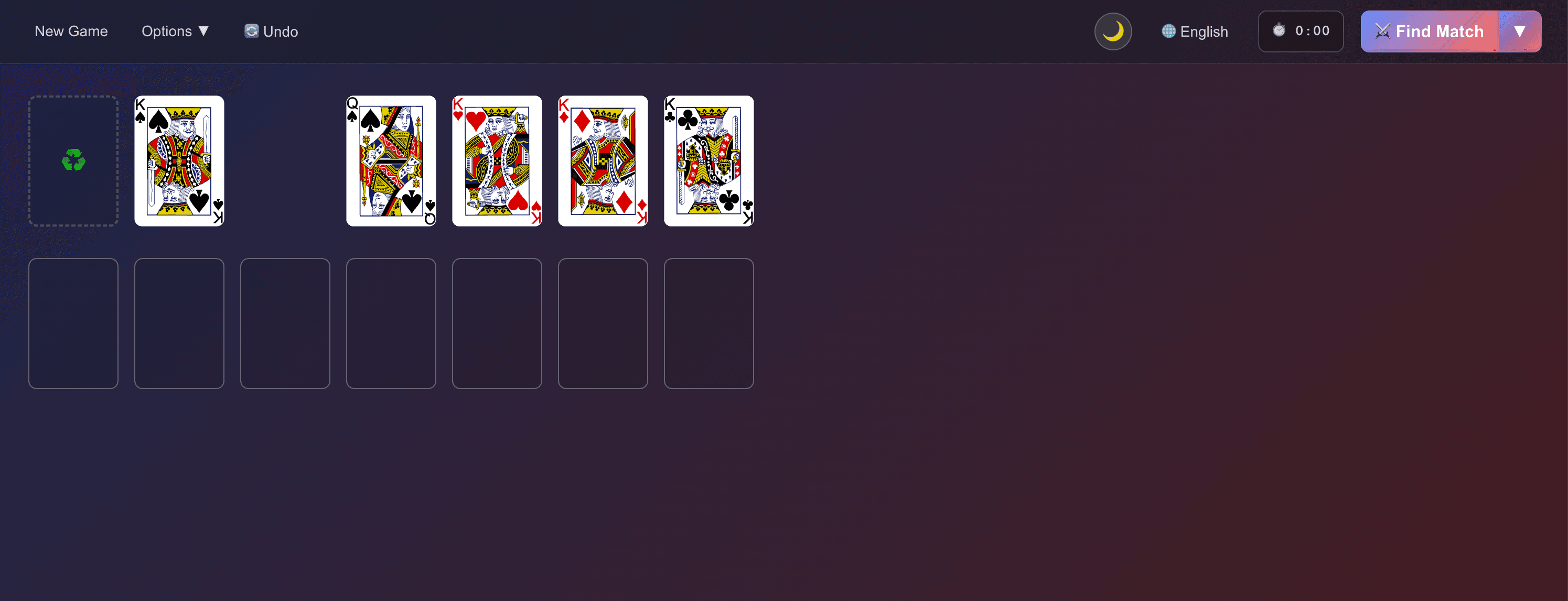 VSolitaire kurz vor dem Gewinn - Vsolitaire.com Dunkelmodus