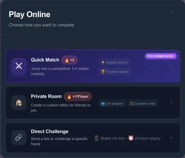 VSolitaire play online menu showing multiplayer options